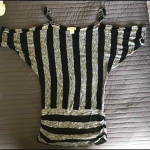 Black and silver top with beaded straps..